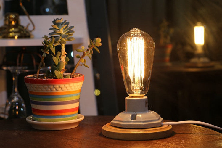 Lampe vintage - Base Bois et céramique - Ampoule incluse - Livraison gratuite