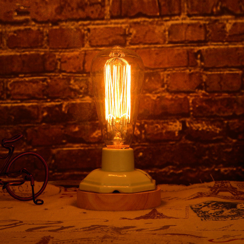 Lampe vintage - Base Bois et céramique - Ampoule incluse - Livraison gratuite
