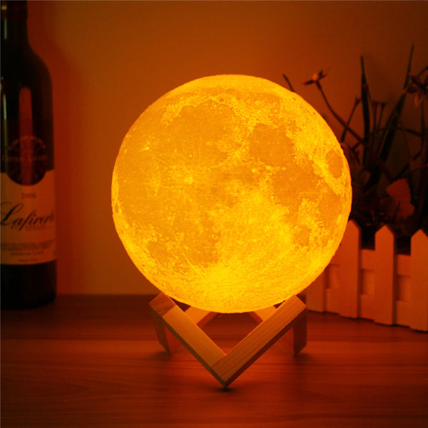 Lampe LED Lune sur son socle en bois  USB Rechargeable Changement de Couleur  10/15/20 cm